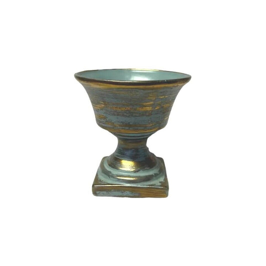 Vintage MCM Round Vase USA Turquoise Aqua Green Brushed w Gold On Pedestal
