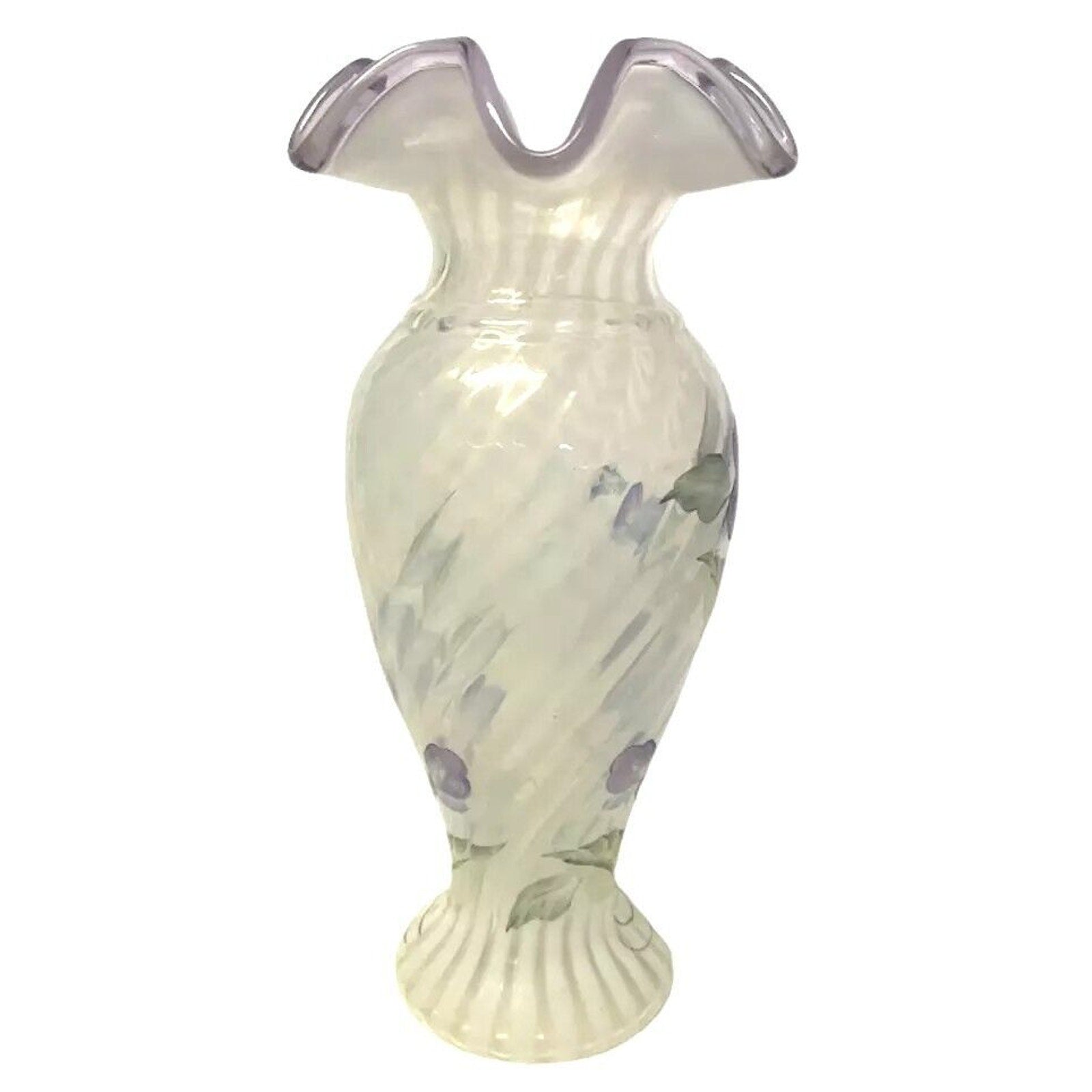 D Frederick Fenton Vase Opalescent Swirl Purple Flower & Rim Signed