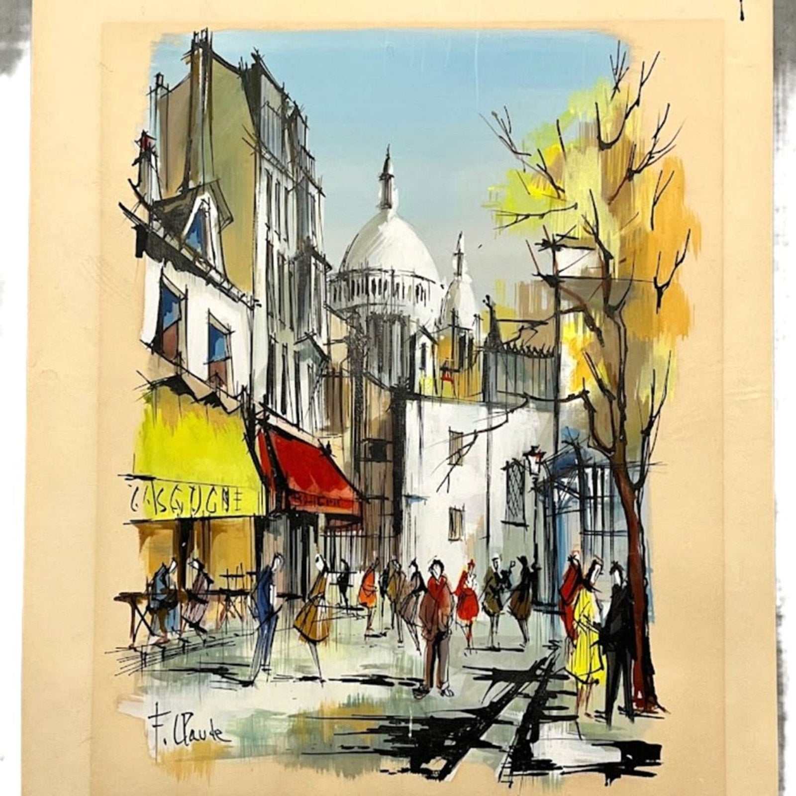 Original Watercolor by F Claude Sacre Coeur and Paris Street Scene Antique