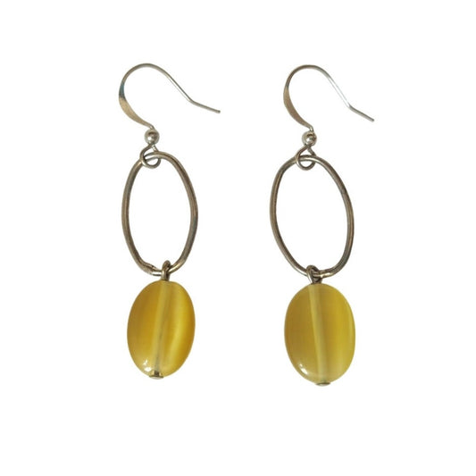 Vintage Amber Yellow Flat Bead Circle Dangle Drop Earrings Silver Plated Hook