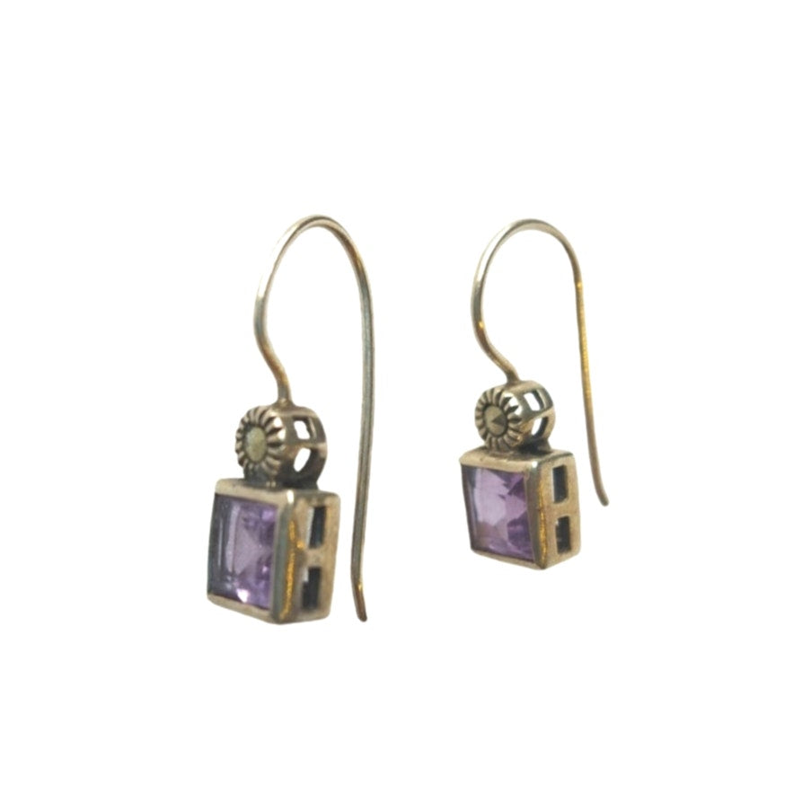 Princess Cut Amethyst Marcasite Dangle Earrings Sterling Silver 925 Signed SU