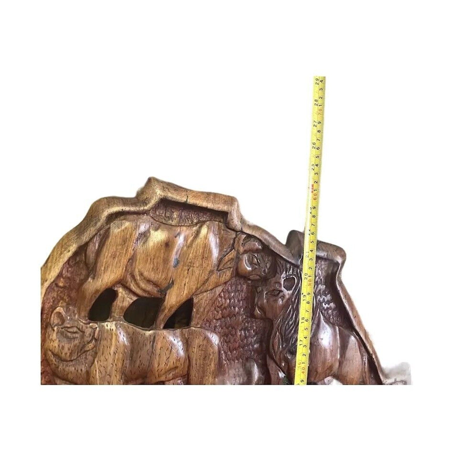 African Hand Wood Carving Elephant Lion Rhino Water Buffalo Plaque 24x19