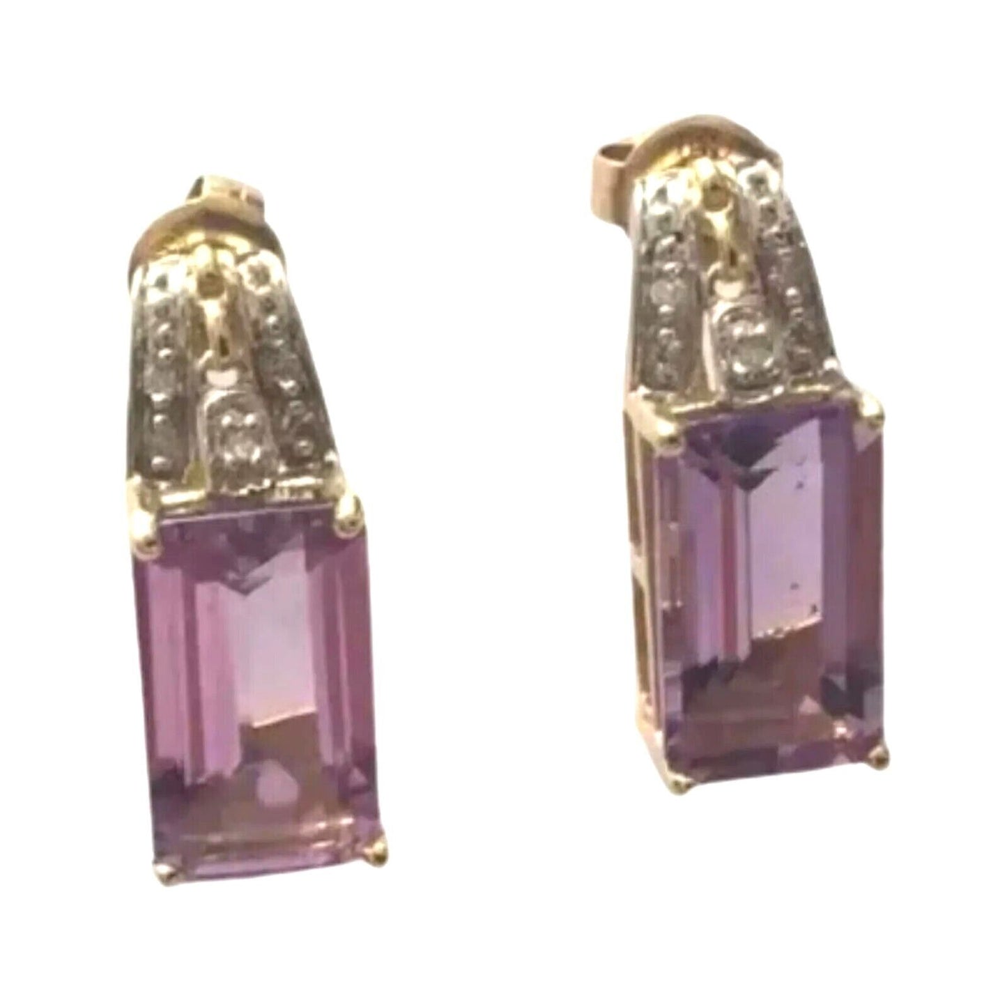 Vintage Emerald Cut Amethyst & Diamond Stud Earrings 10k Solid Yellow Gold