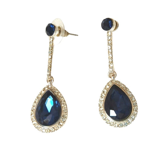 Pear Round Cut Navy Blue & Clear Crystal Dangle Drop Earrings Silver Plated Post