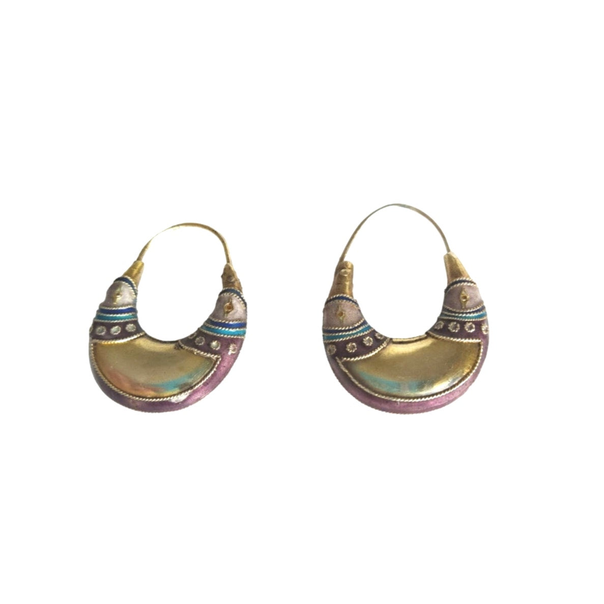 Vintage Gold Plated Purple Enamel Crescent Earrings Sterling Silver 925 Hoop