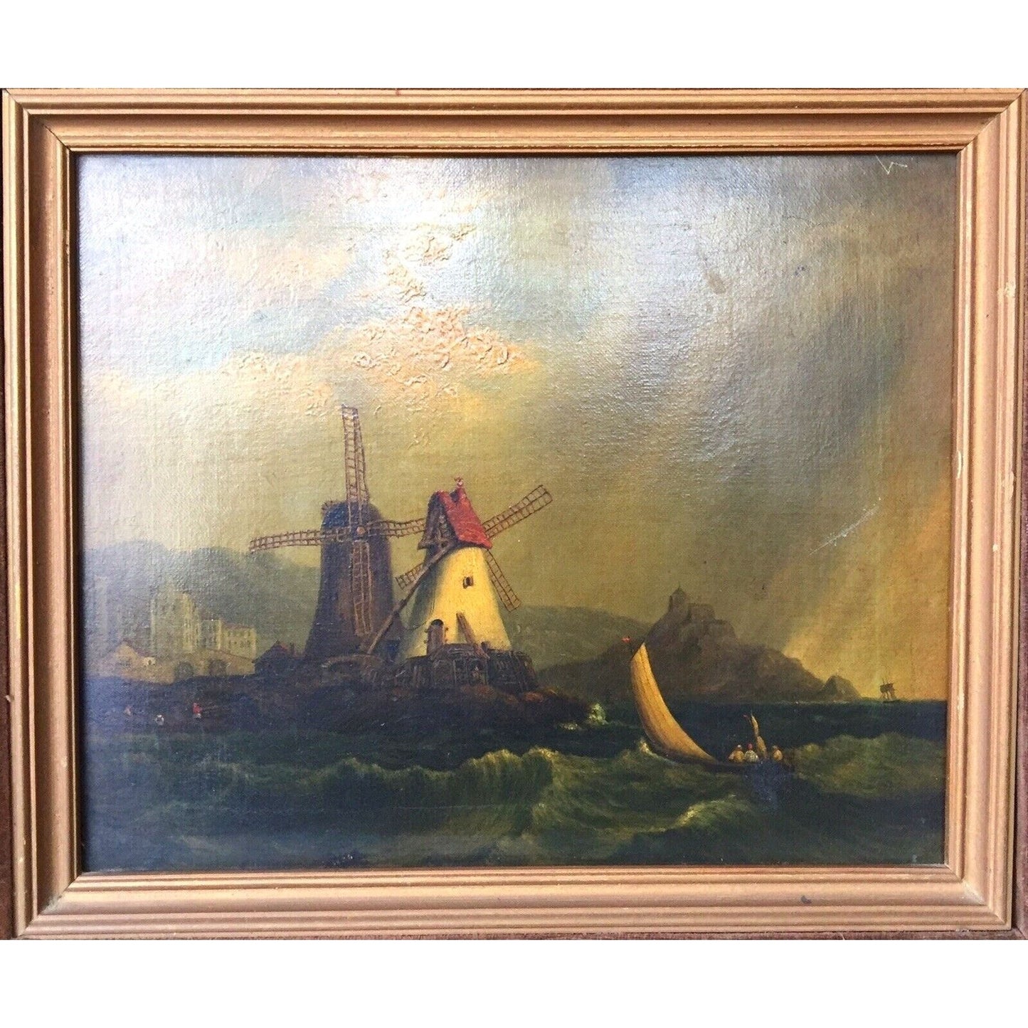 Dutch Antique Oil Painting Windmill Canvas Landscape Original 18 Century