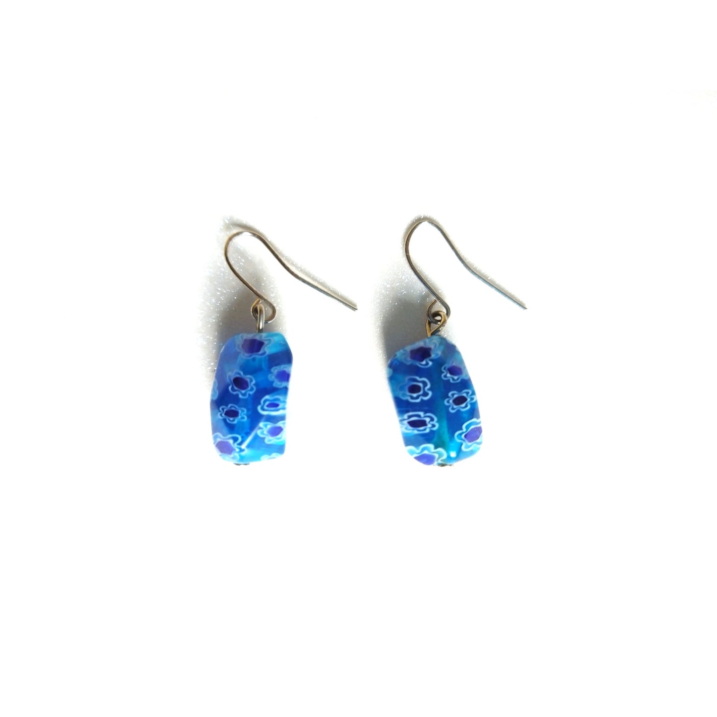 Millefiori Glass Bead Aqua Royal Blue Dangle Drop Earrings Stainless Steel