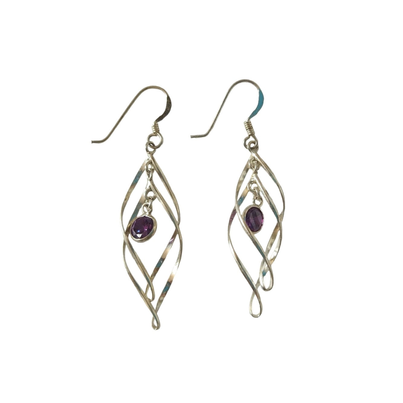 MC Round Cut Amethyst Dangle Earrings White Gold On Sterling Silver 925 Signed