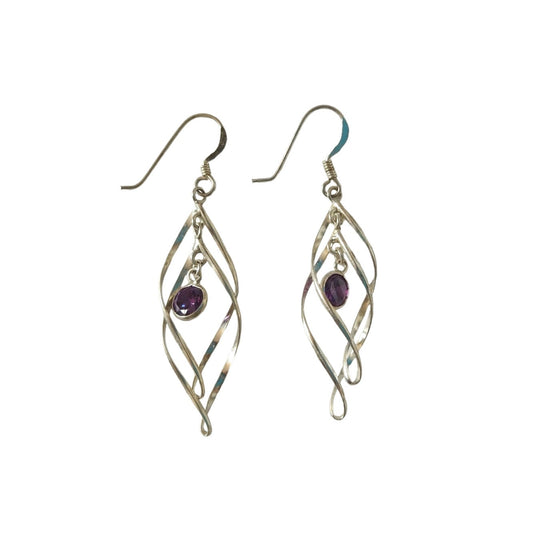 MC Round Cut Amethyst Dangle Earrings White Gold On Sterling Silver 925 Signed