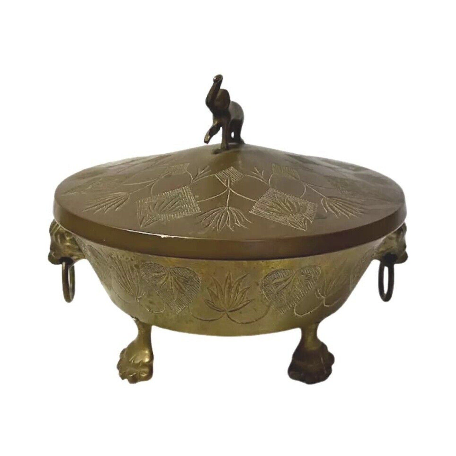 Vintage Brass Elephant Design Brass Bowl w Lid Round Footed Tibetan