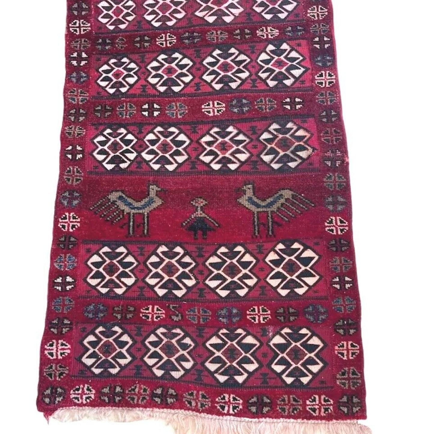 Vintage Hand-Knotted Wool Red Geometric Birds Ethnic Carpet Rug Kilim 54"X32"