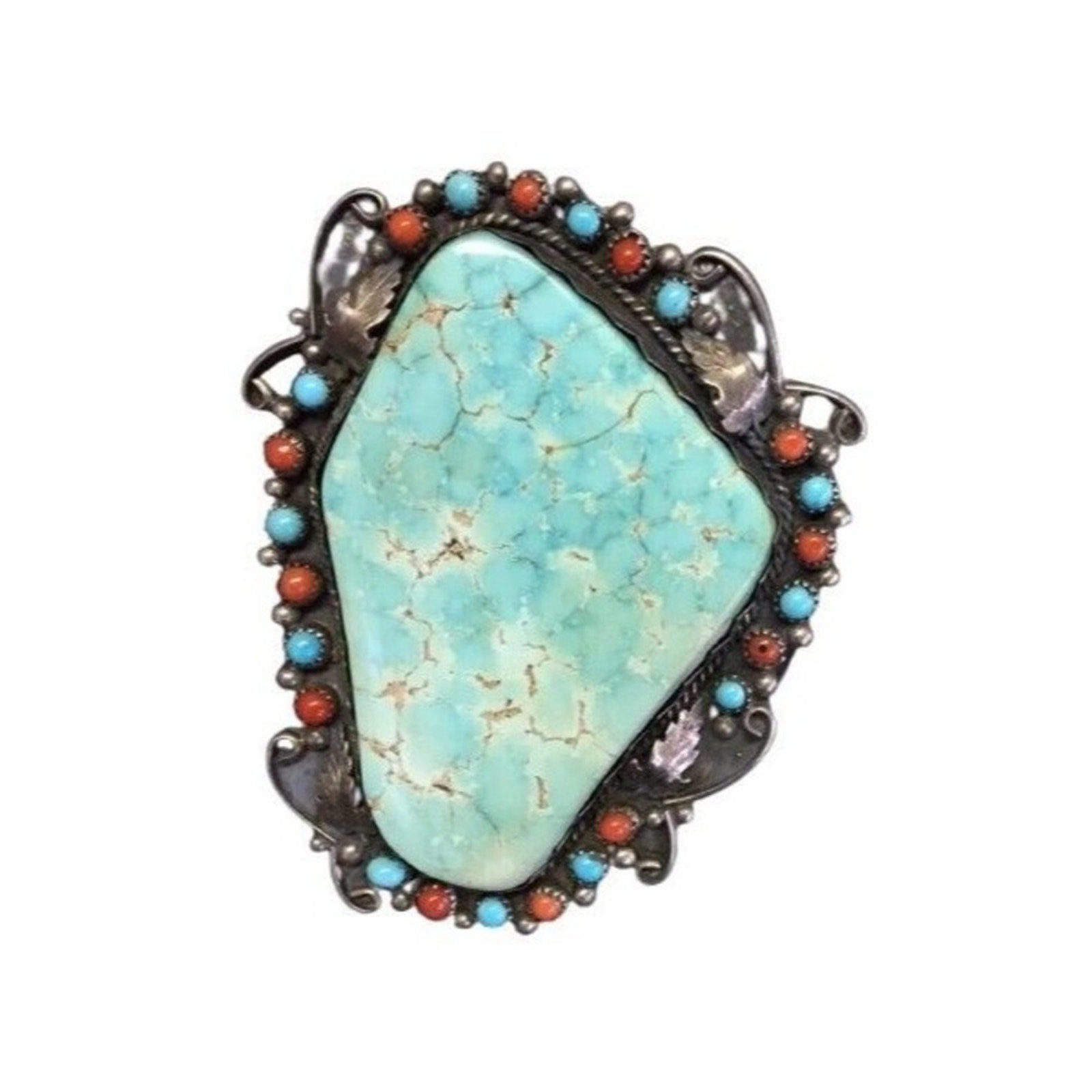 Antique Cuff Bracelet Green Turquoise Coral Sterling Silver Navajo Native Signed
