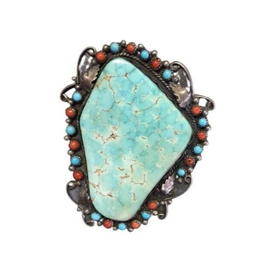 Antique Cuff Bracelet Green Turquoise Coral Sterling Silver Navajo Native Signed