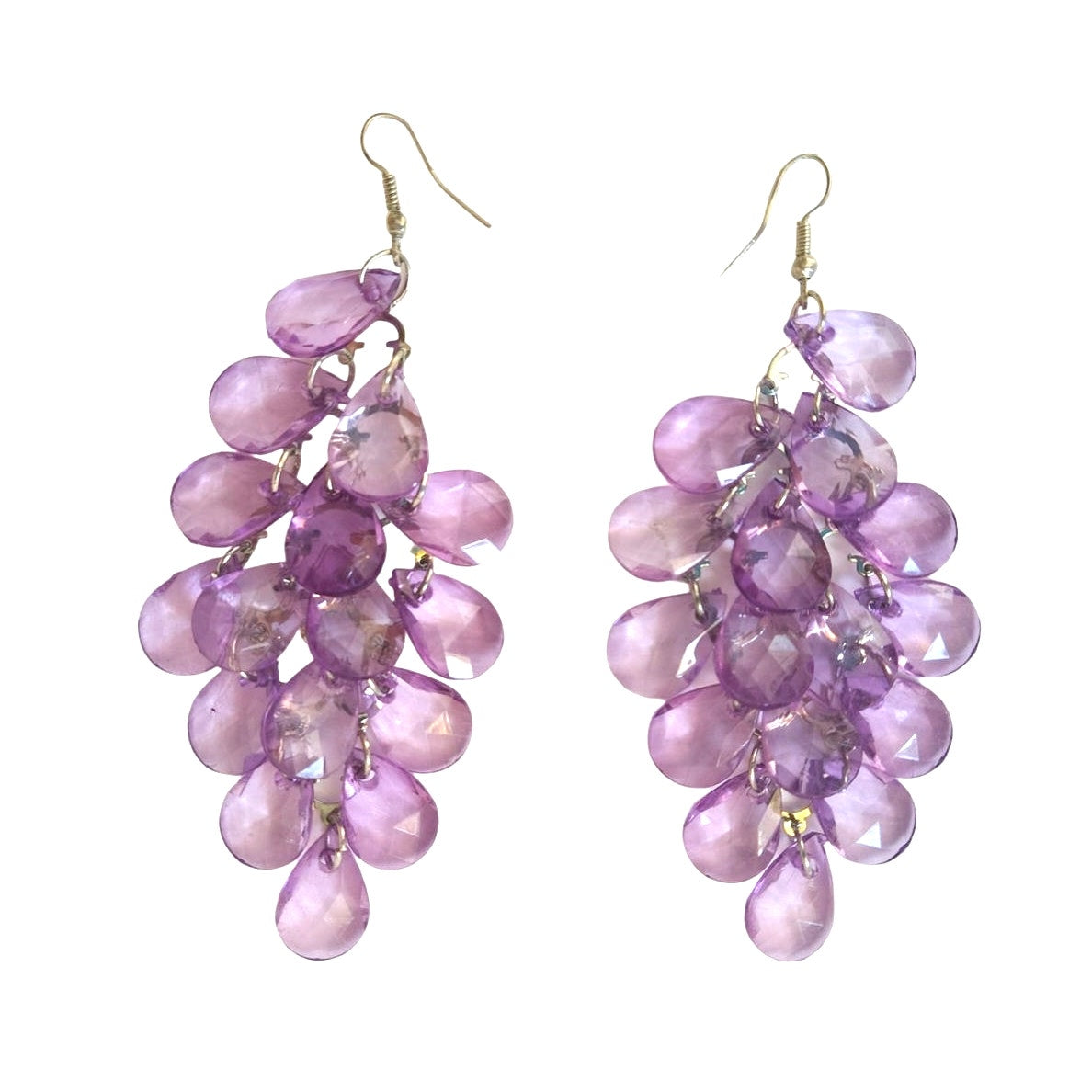 Vintage Lavender Pear Faceted Crystals Grape Chandelier Dangle Earrings Hooks