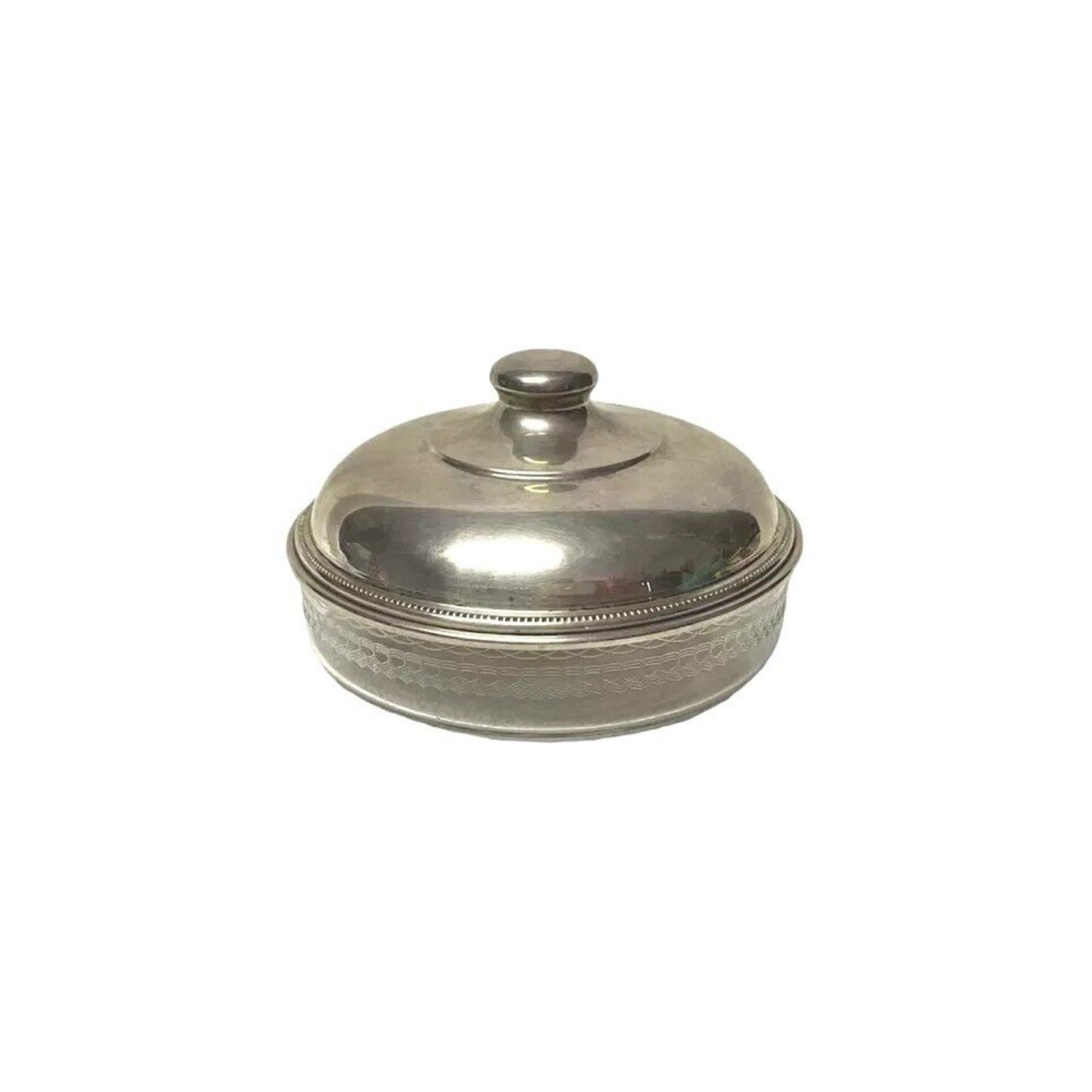 Antique Sterling Silver & Cut Glass Covered & Domed Butter Plate Dish w Lid