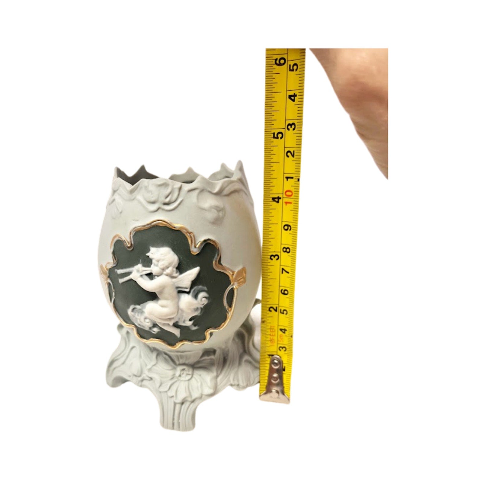 Vintage Lefton Cherub Themed Cracked Eggshell Vase Green