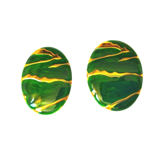 Vintage Retro Oval Green Enamel Yellow Gold Plated Stud Earrings Clip On