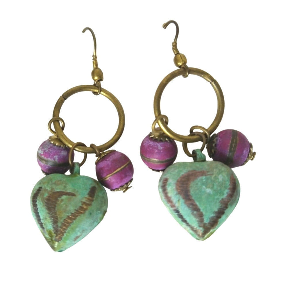 Vintage Boho Green Heart Purple Beads Dangle Earrings Brass Circle Hook