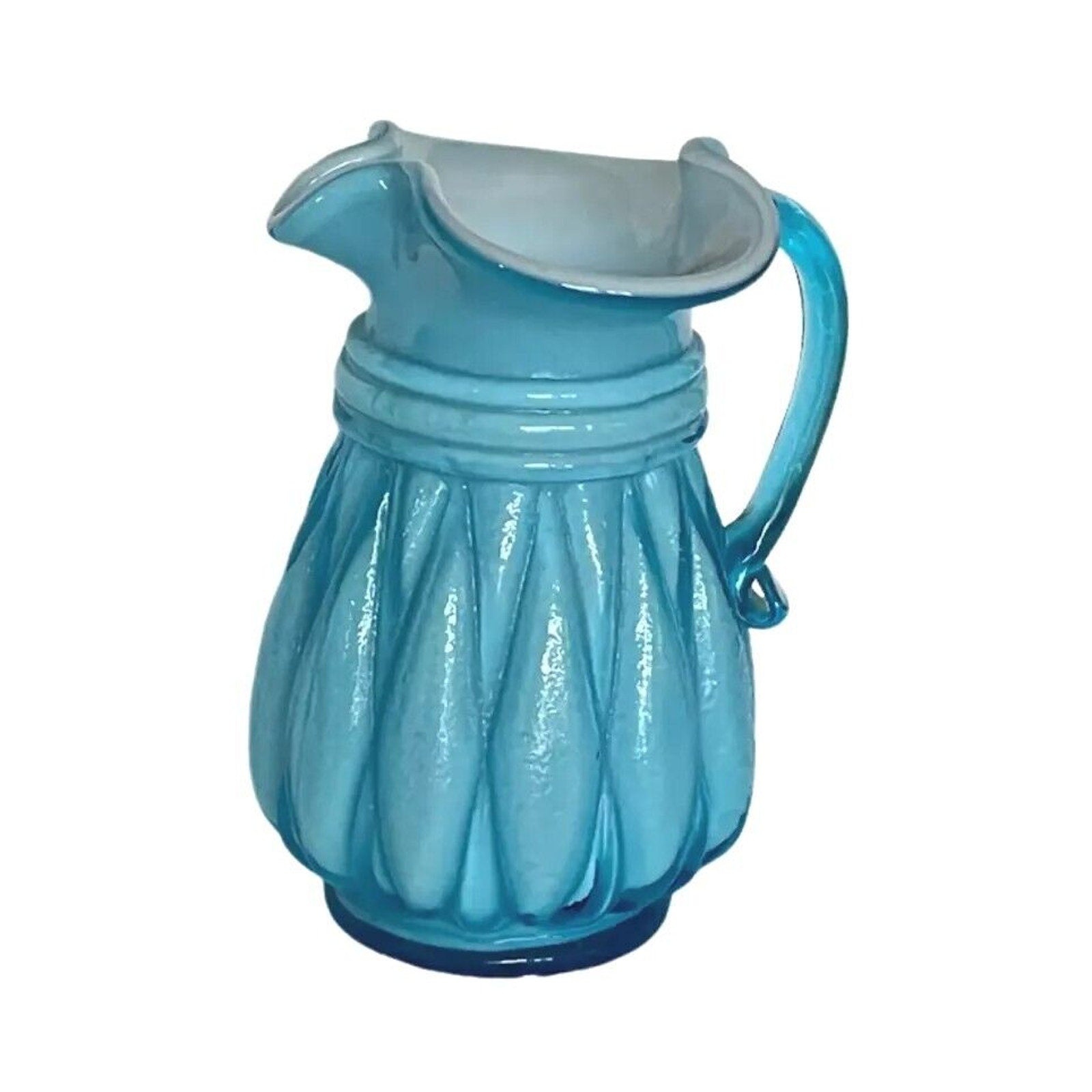Kanawha Art Glass Pitcher Melon Rib Form White Opalescent Cased Blue Unmarked