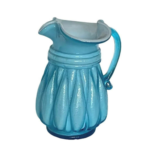 Kanawha Art Glass Pitcher Melon Rib Form White Opalescent Cased Blue Unmarked