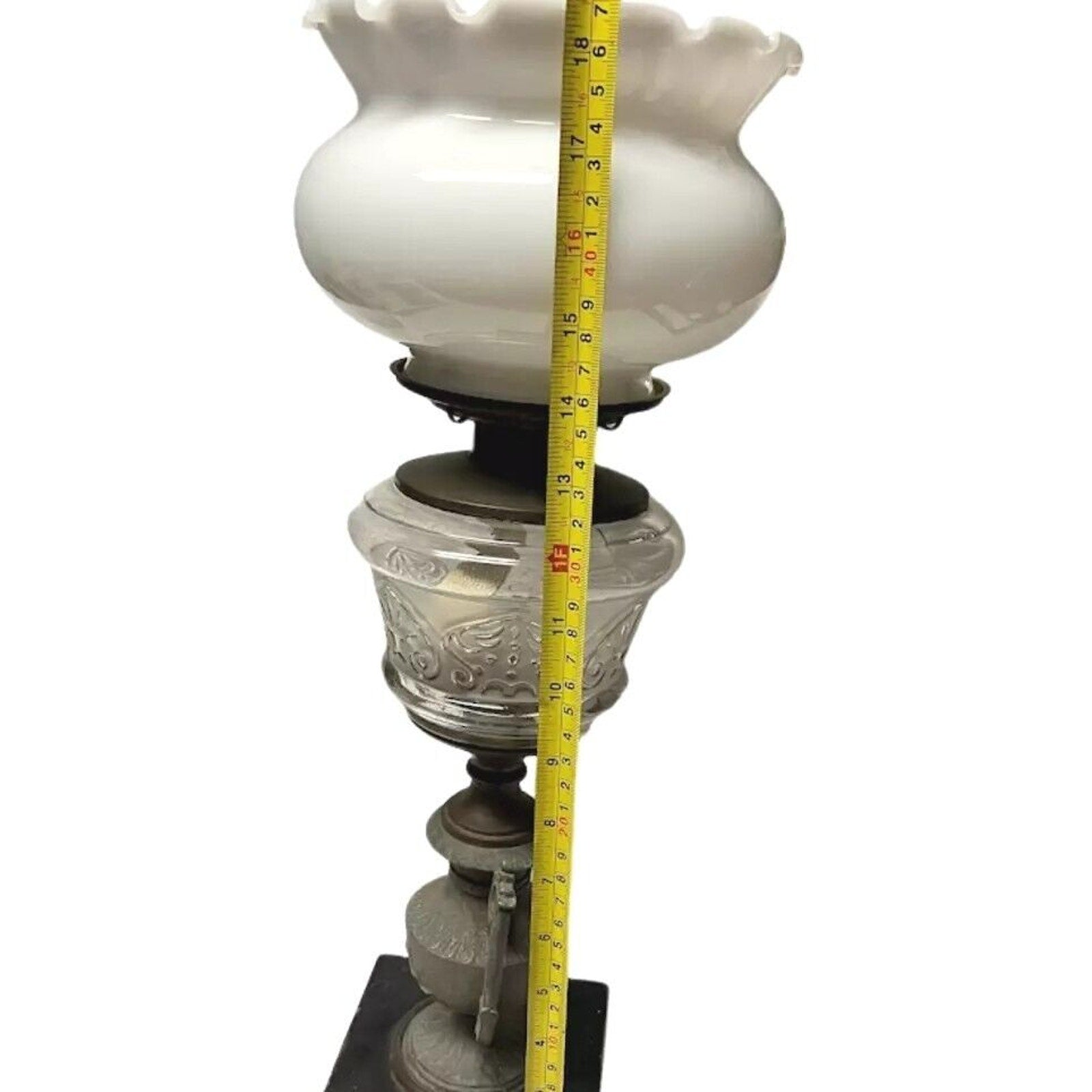 Antique Old Kerosene Oil Table Lamp Milk Glass Etched Glass