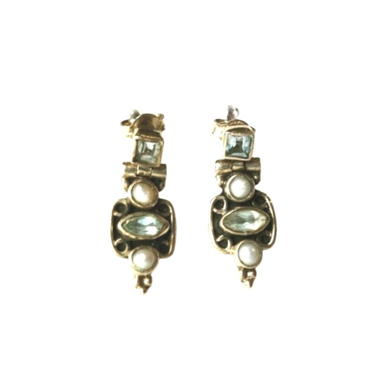 Princes & Marquise Cut Blue Topaz & Pearl Dangle Earrings Sterling Silver 925