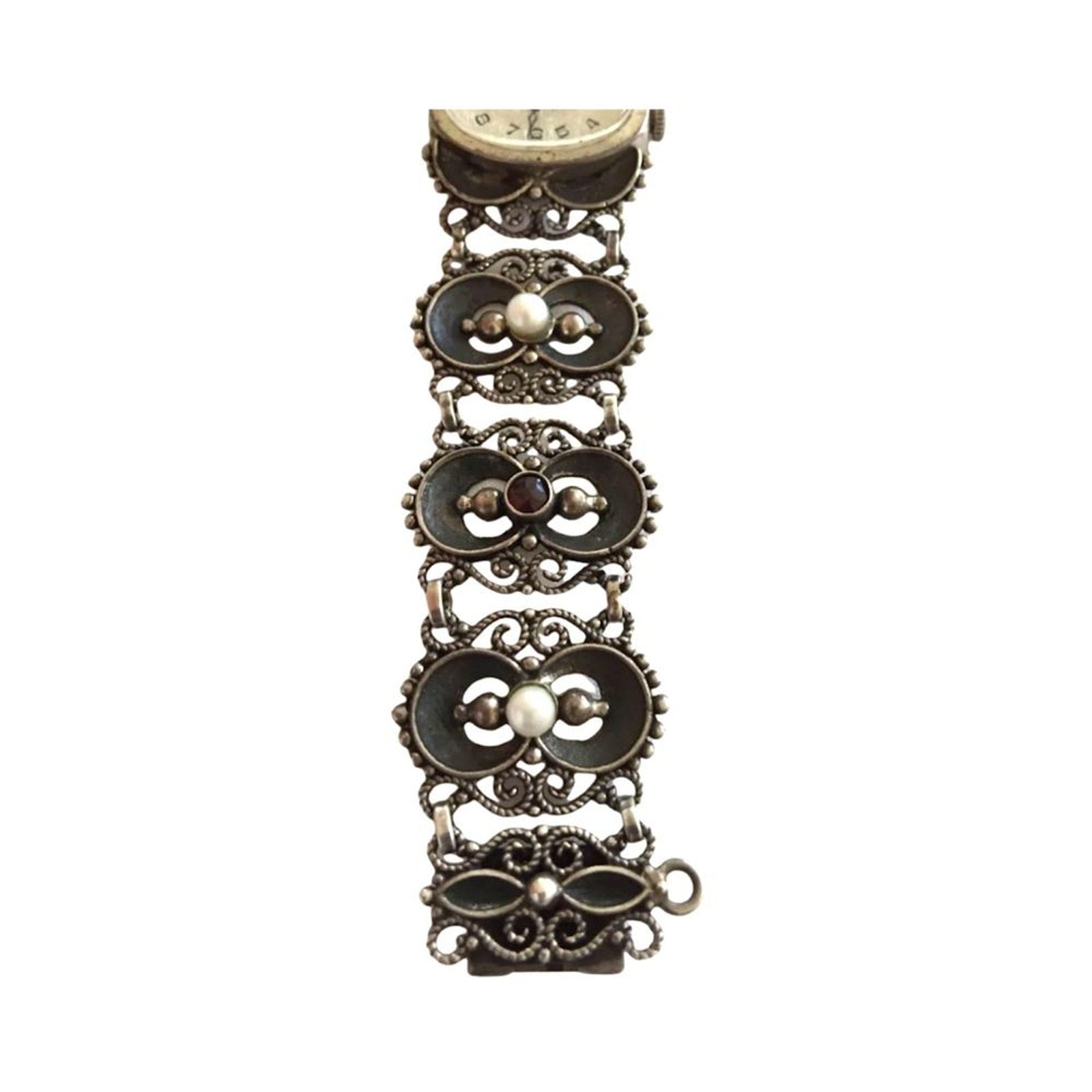 Antique Women`s Wrist Watch Bergland Filigree Sterling Silver Pearls Garnets