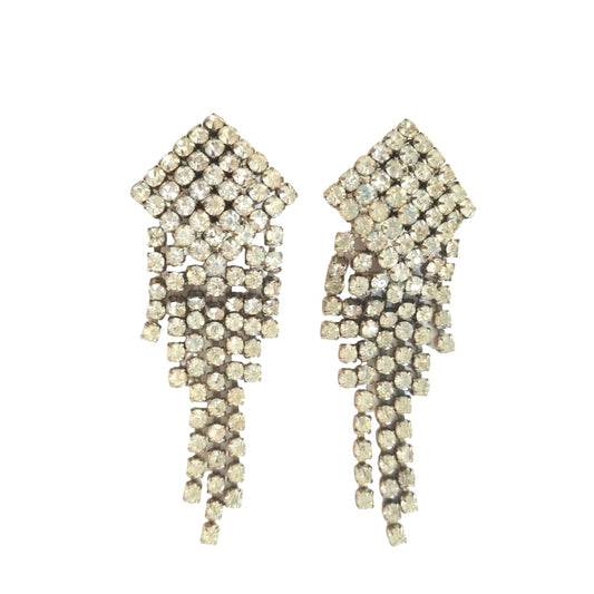 Vintage Sparkle Clear Rhinestone Chandelier Dangle Earrings Silver Tone Clip On