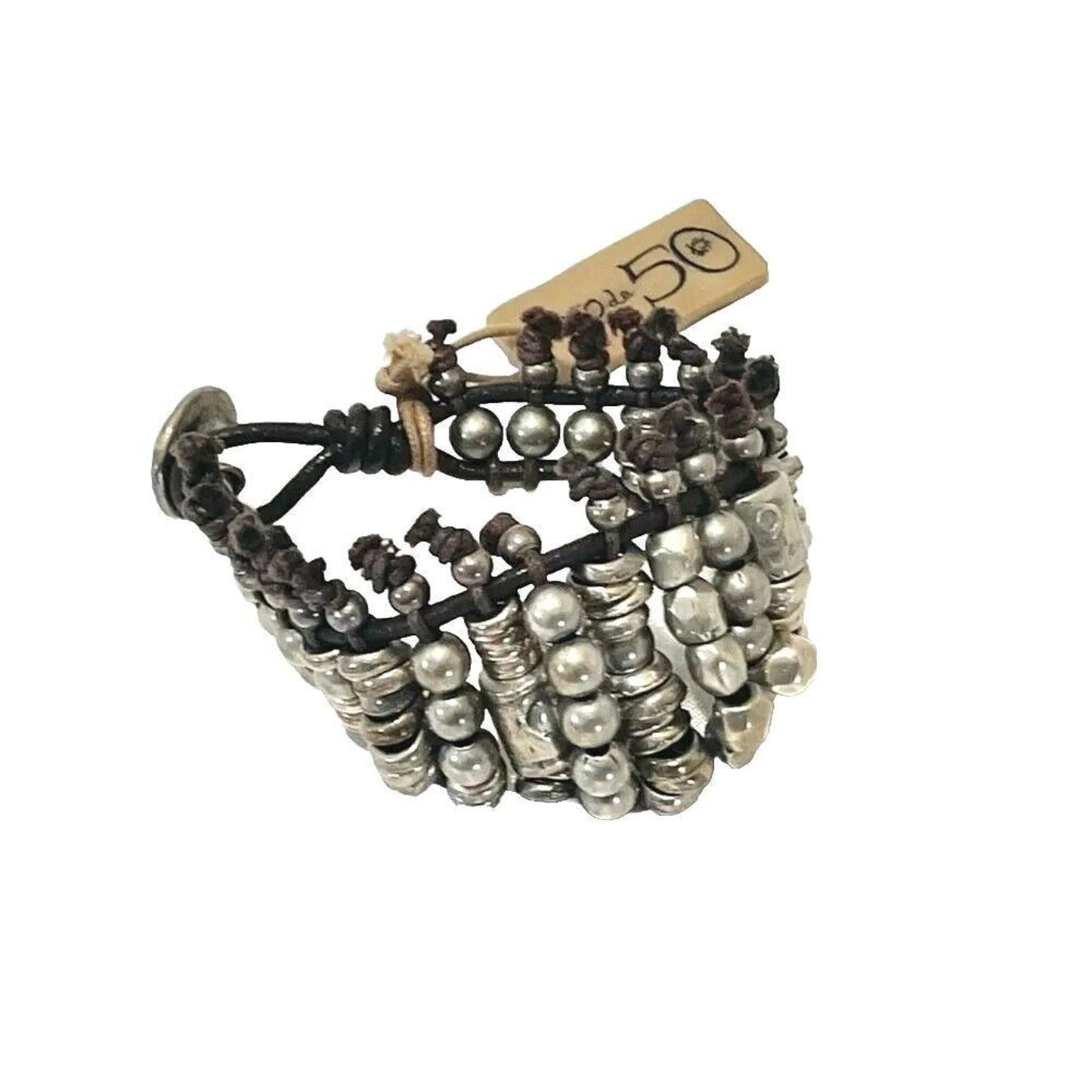 Uno De 50 Bracelet Beaded Silver Brown Leather Wide Unisex Men's Women's Spain