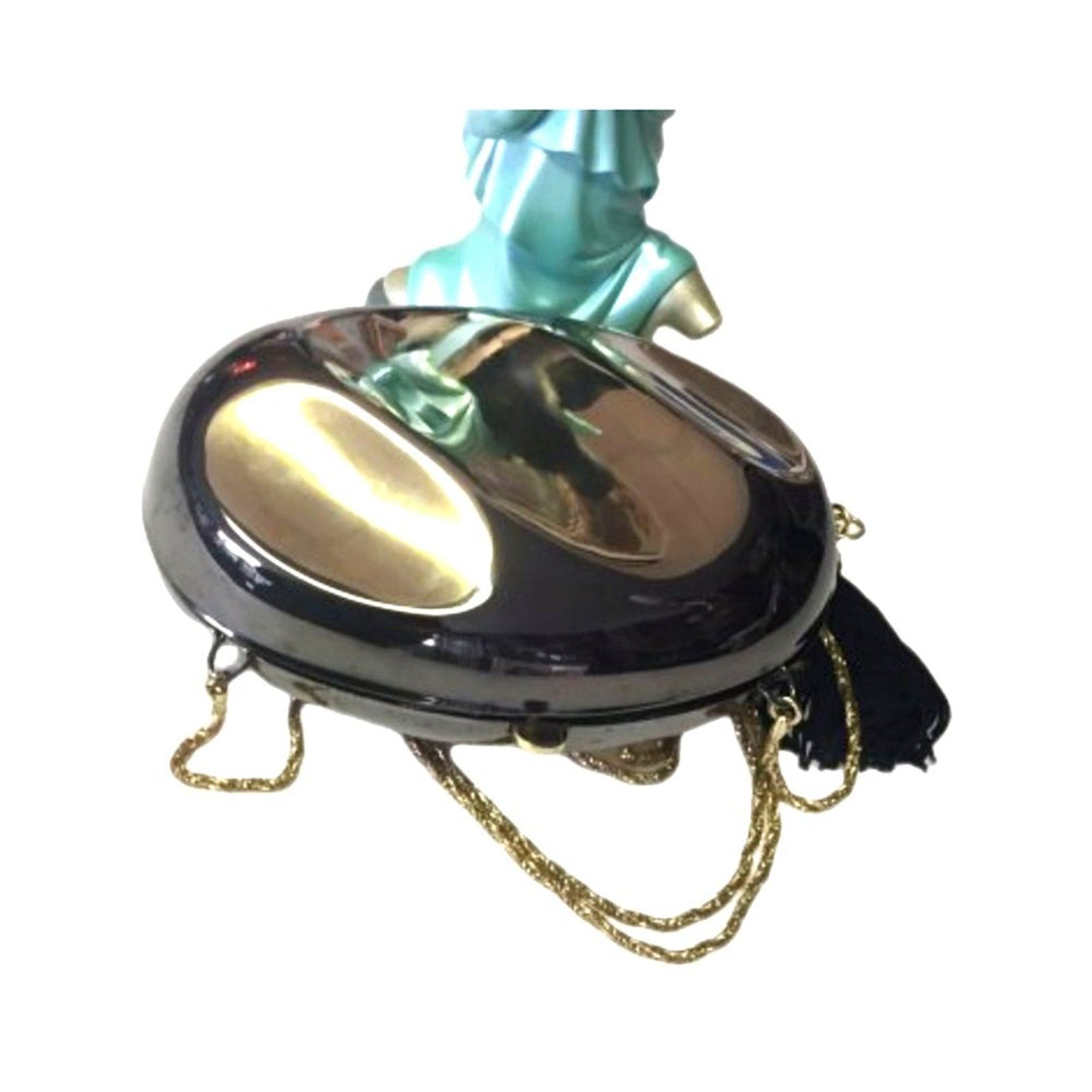 Vintage Brown Metallic Oval Clutch Purse Bag Gold Chain Strap Tassel Elegant