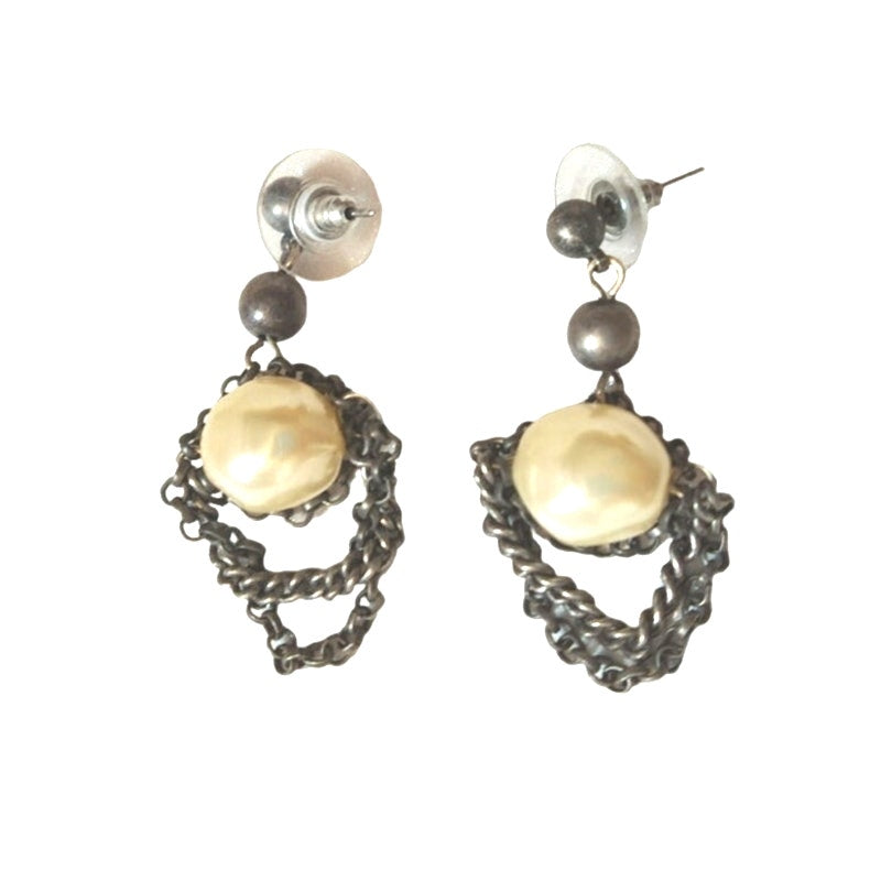 Vintage Punk Faux Pearls In Chains Dangle Earrings Posts