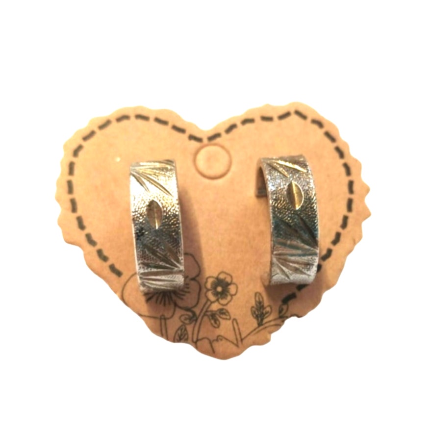 Vintage Carved C Hoop Earrings Silver Tone Wide Half Hoop