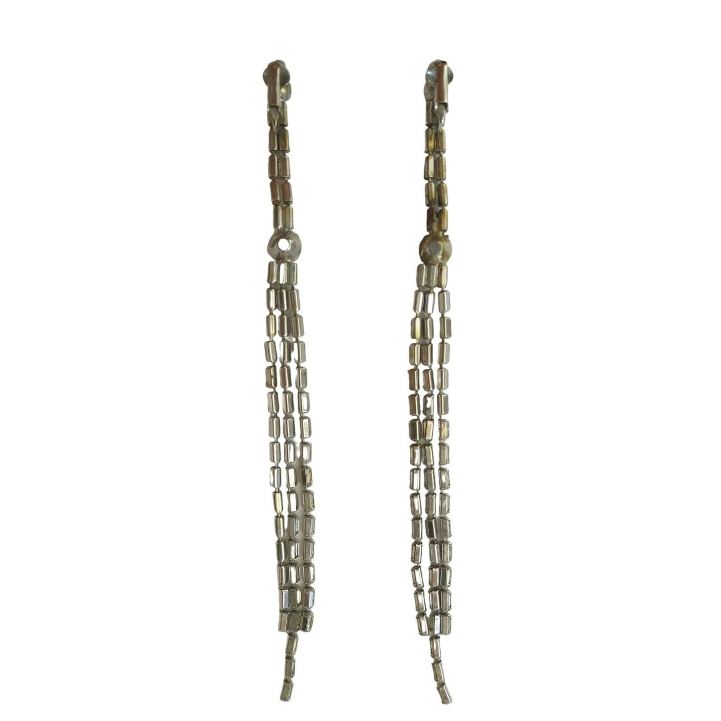 Vintage Rhinestones Triple Long Tassel Drop Earrings Silver Tone Clip On