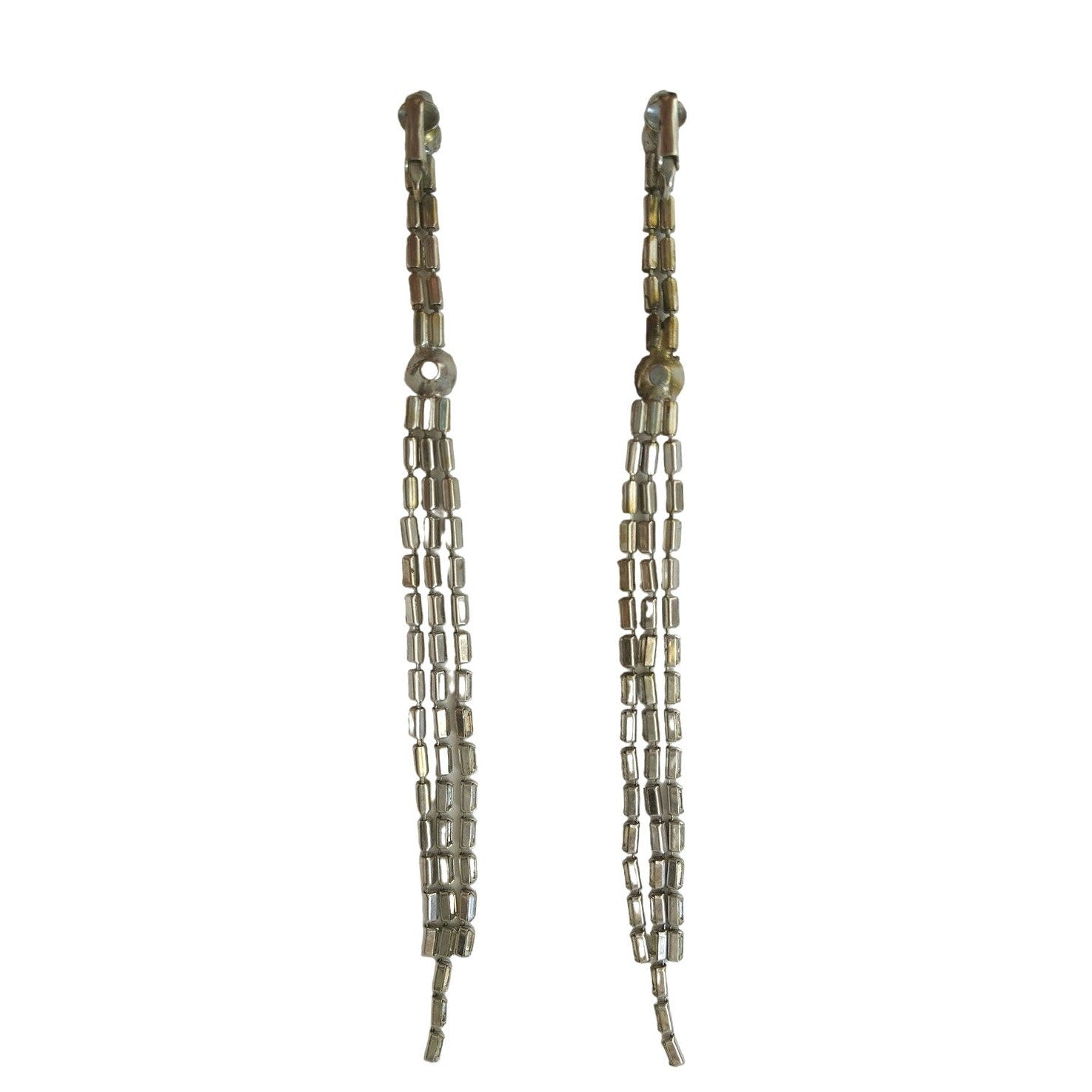 Vintage Rhinestones Triple Long Tassel Drop Earrings Silver Tone Clip On