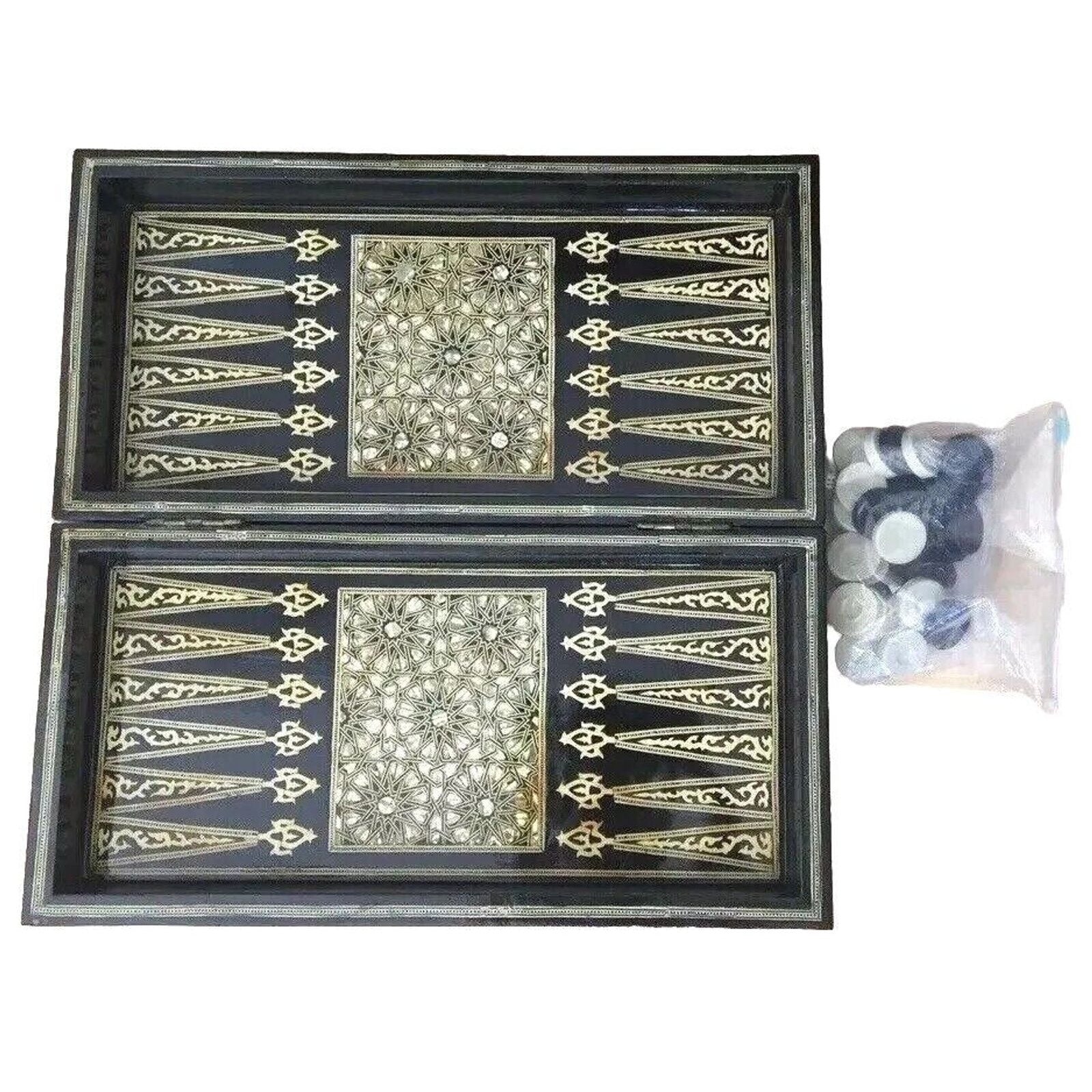 Vintage Black Beige Abalone Mother Of Pearl Inlayed Backgammon Chessboard