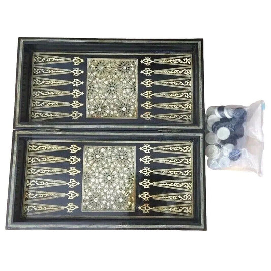 Vintage Black Beige Abalone Mother Of Pearl Inlayed Backgammon Chessboard