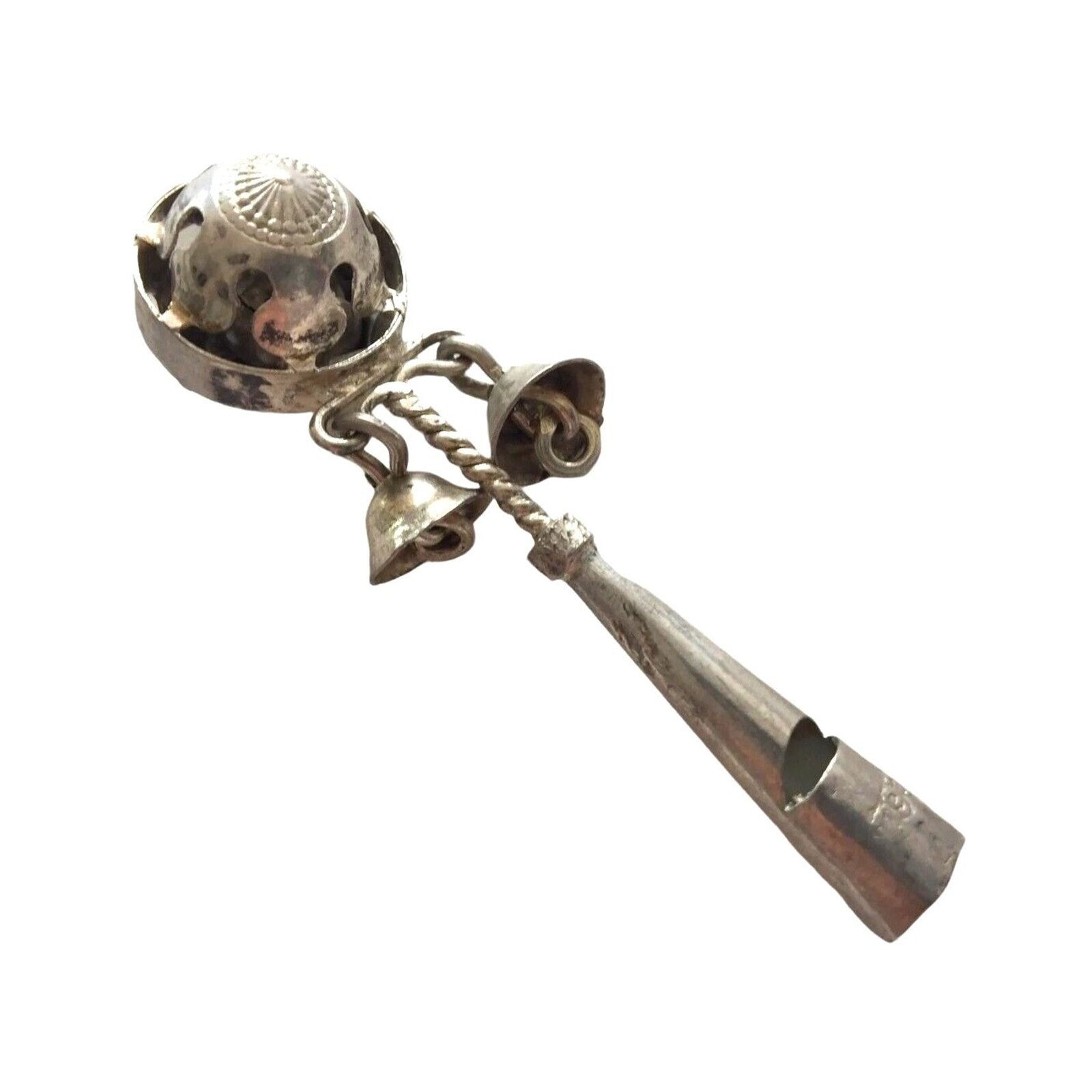 Antique Baby Rattle Whistle Bells Sterling Silver Victorian