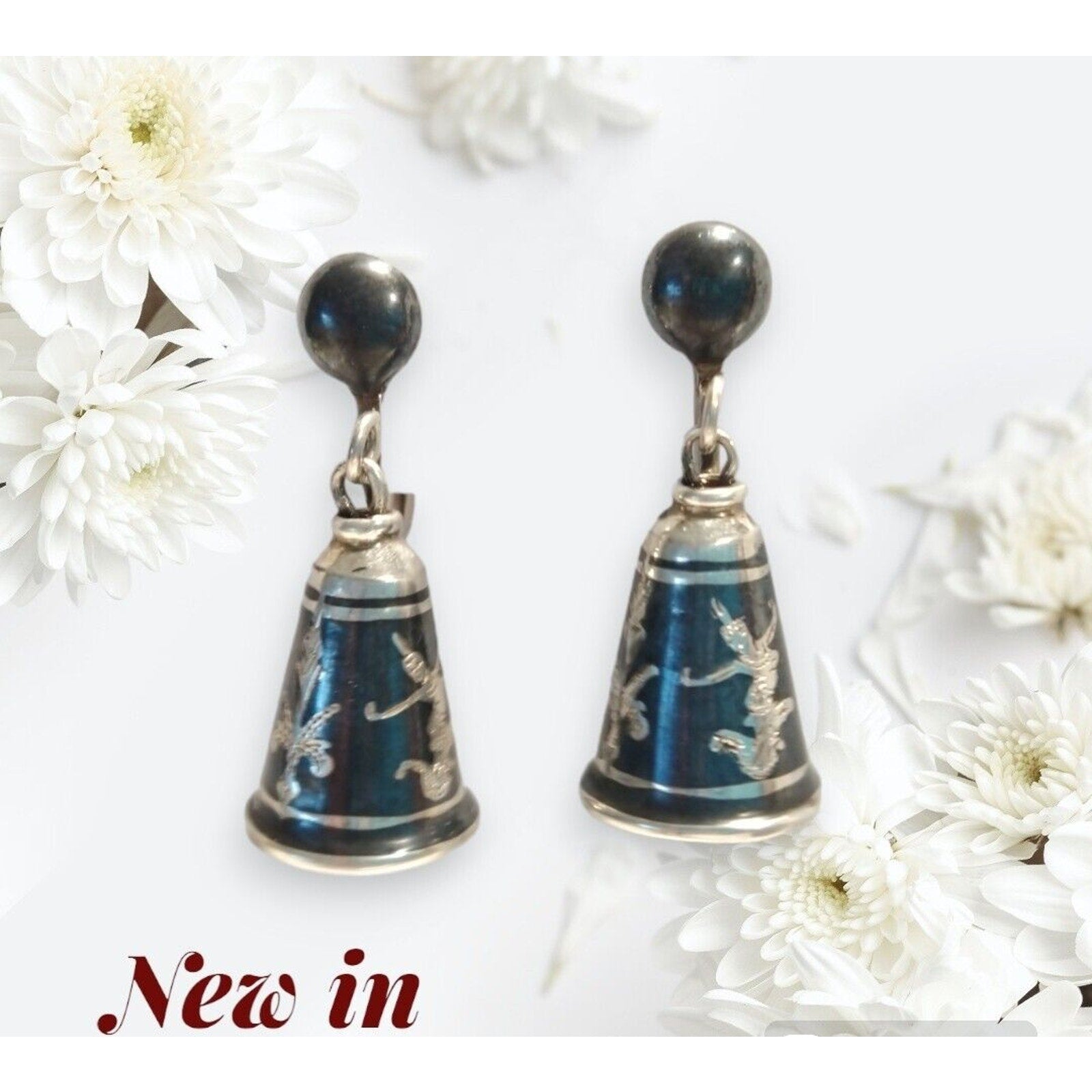 925 Sterling Silver Vintage Siam Niello Hindu Goddess Bell Screw Back Earrings