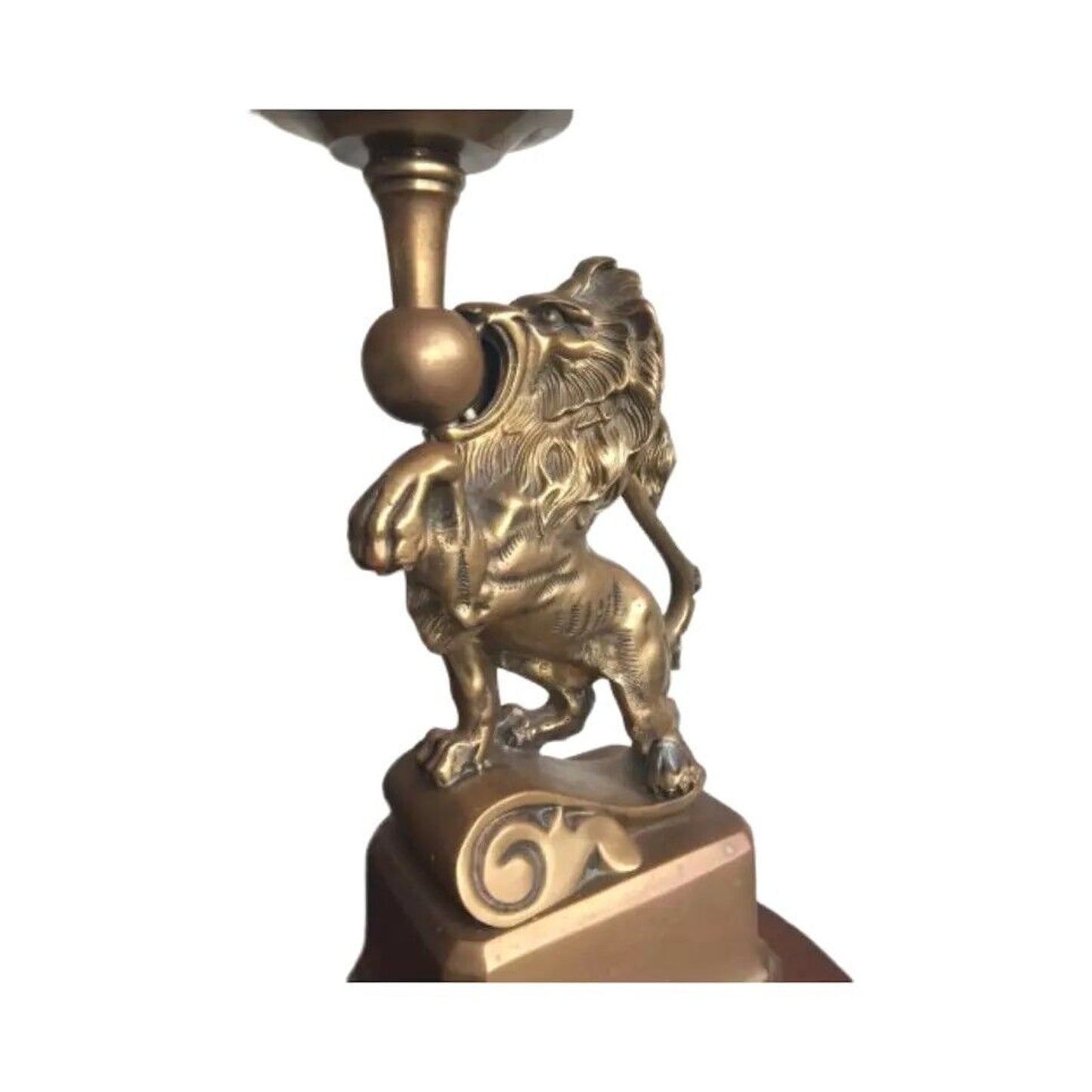 Art Deco French Table Lamp Brass Figural Prancing Lions Candelabra Black Shades