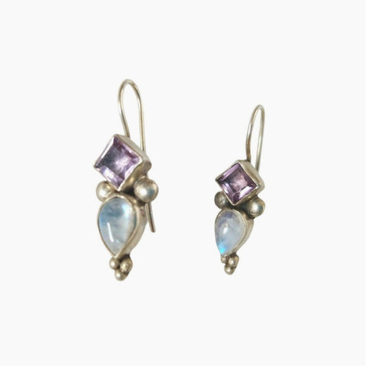 Vintage Art Deco Amethyst & Moonstone Dangle Earrings Sterling Silver 925 Hook