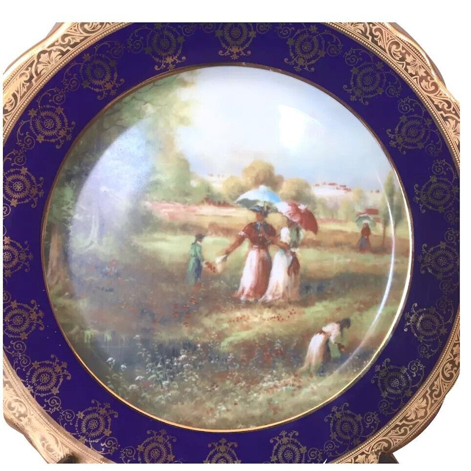 Limoges JPL France Round Plate Hand Painted Scene Gold Cobalt Blue Porcelain