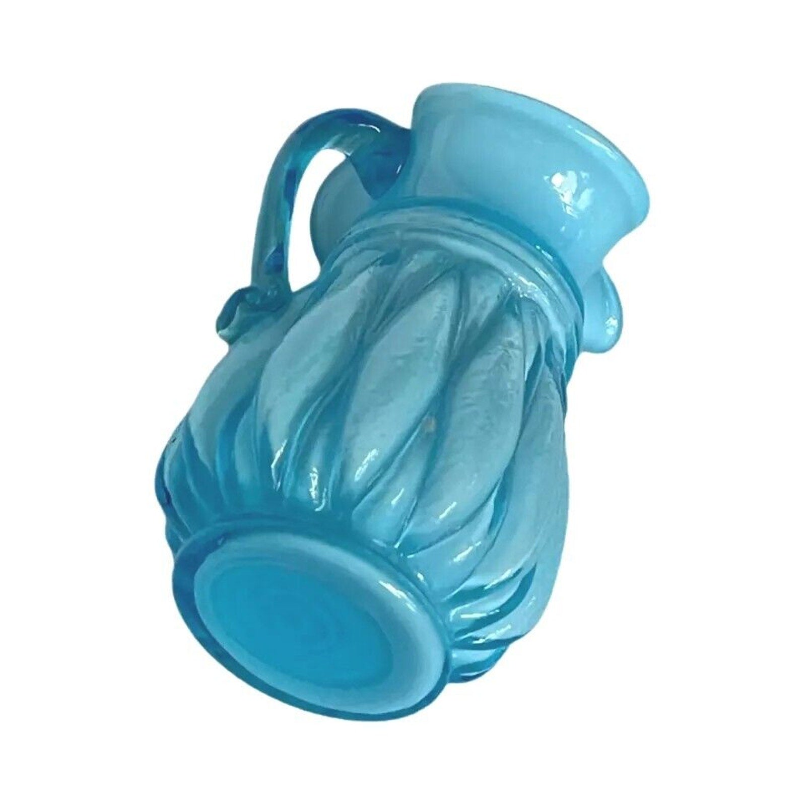 Kanawha Art Glass Pitcher Melon Rib Form White Opalescent Cased Blue Unmarked