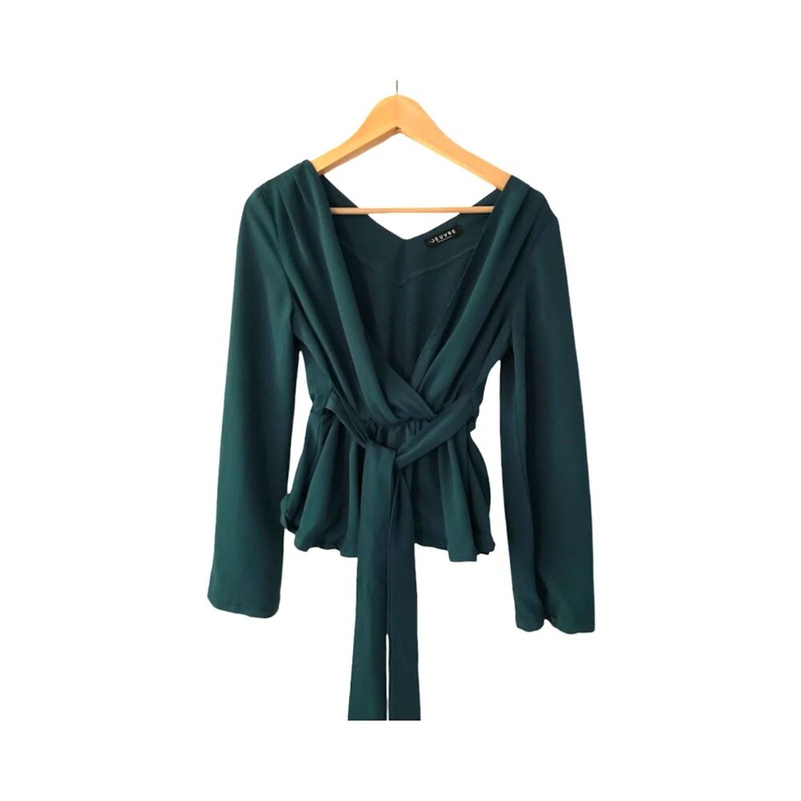 Oeuvre Women`s Top Blouse V-neck Bow Long Sleeve Dark Green Sz S