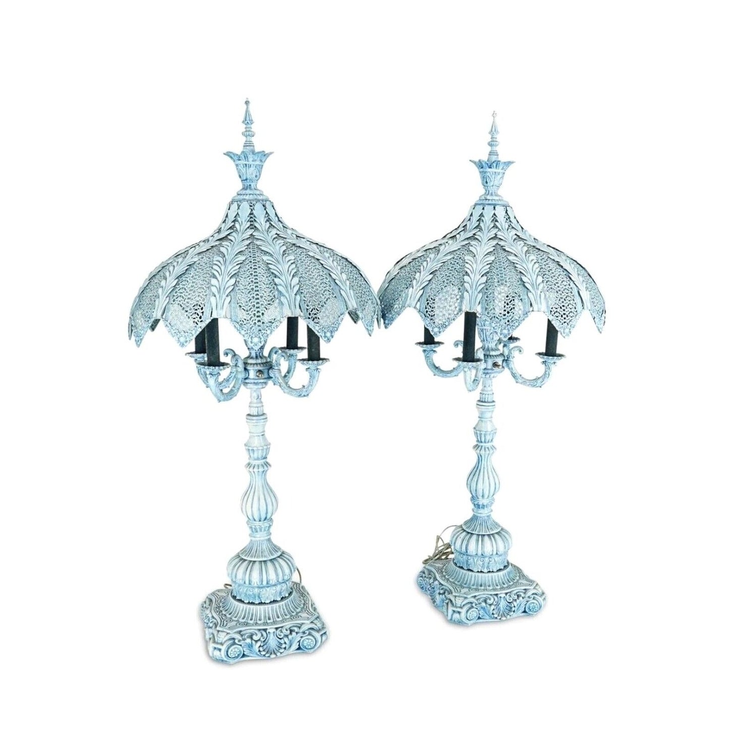 Antique Italian Pair Of Turquoise Blue Candelabra Lamp Enamel On Bronze