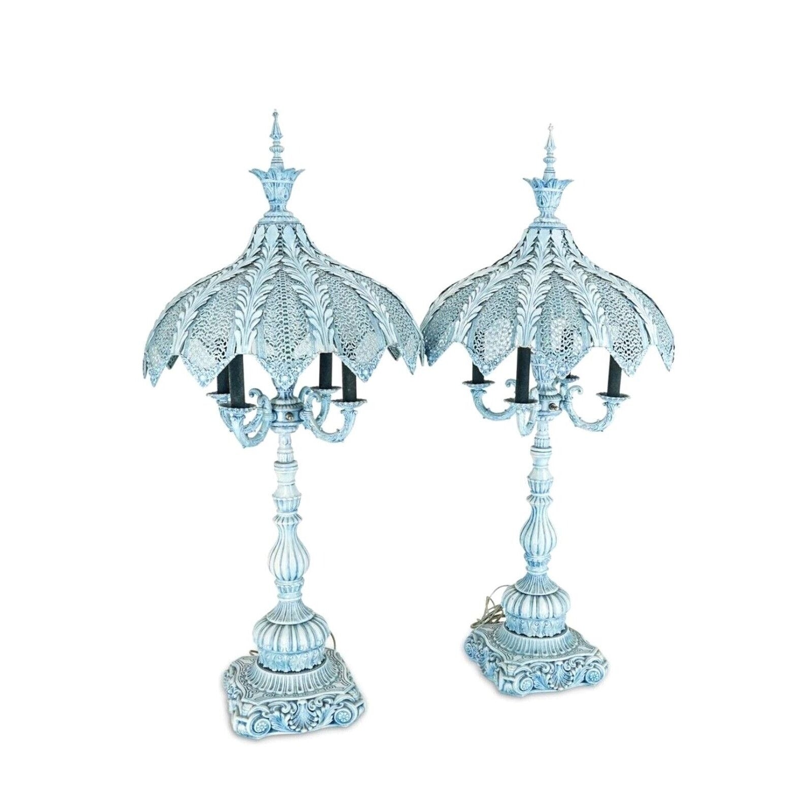 Antique Italian Pair Of Turquoise Blue Candelabra Lamp Enamel On Bronze