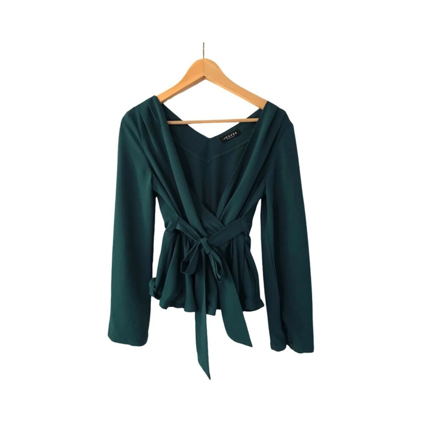 Oeuvre Women`s Top Blouse V-neck Bow Long Sleeve Dark Green Sz S
