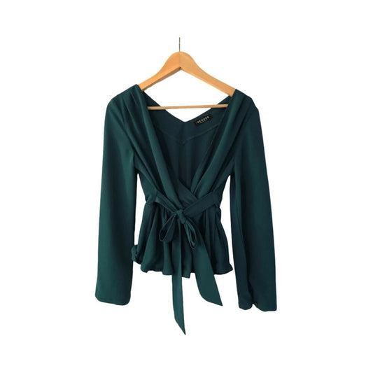 Oeuvre Women`s Top Blouse V-neck Bow Long Sleeve Dark Green Sz S