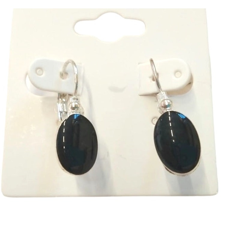 Oval Cut Black Onyx Dangle Drop Earrings Sterling Silver Plated Lever Back