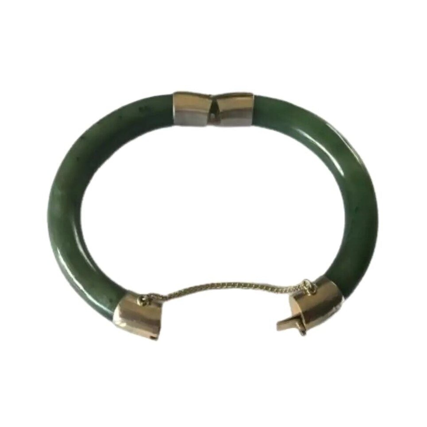 Antique Bangle Bracelet Spinach Green Nephrite Jade Vermeil Gold Sterling Silver