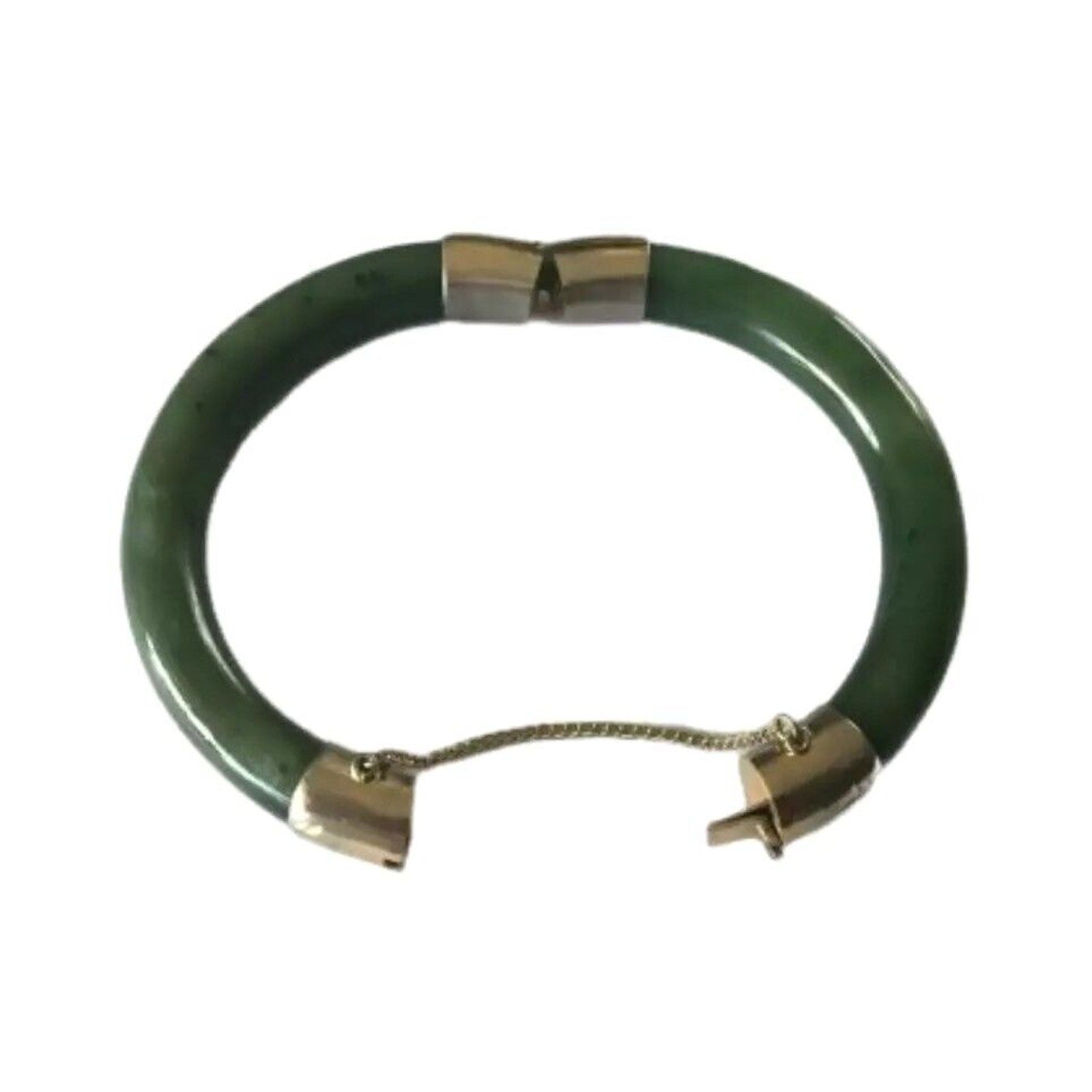 Antique Bangle Bracelet Spinach Green Nephrite Jade Vermeil Gold Sterling Silver